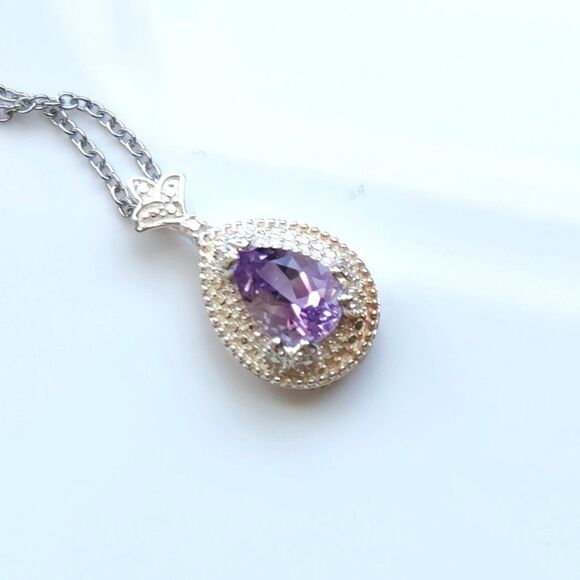 Purple Amethyst Pendant Necklace Stainless Steel Chain - Picture 1 of 9